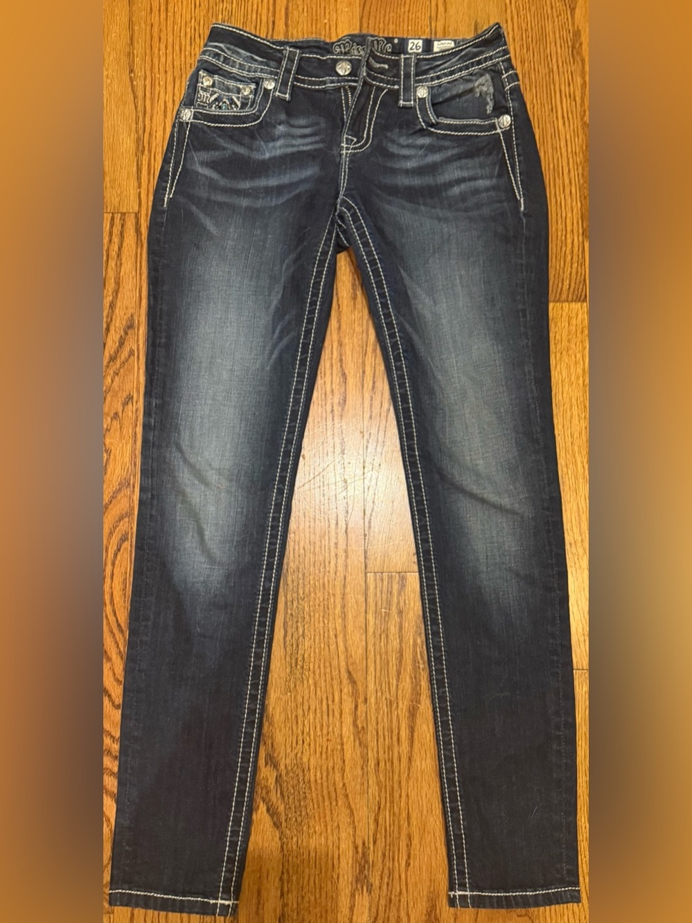 Miss Me Skinny Jeans in Dark Indigo with White Contrast Stitching